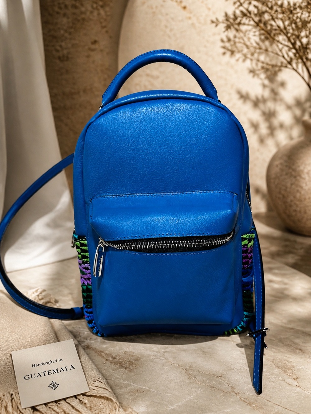 Luxury Guatemalan Huipil Accent Backpack | Electric Blue Artisan Bag